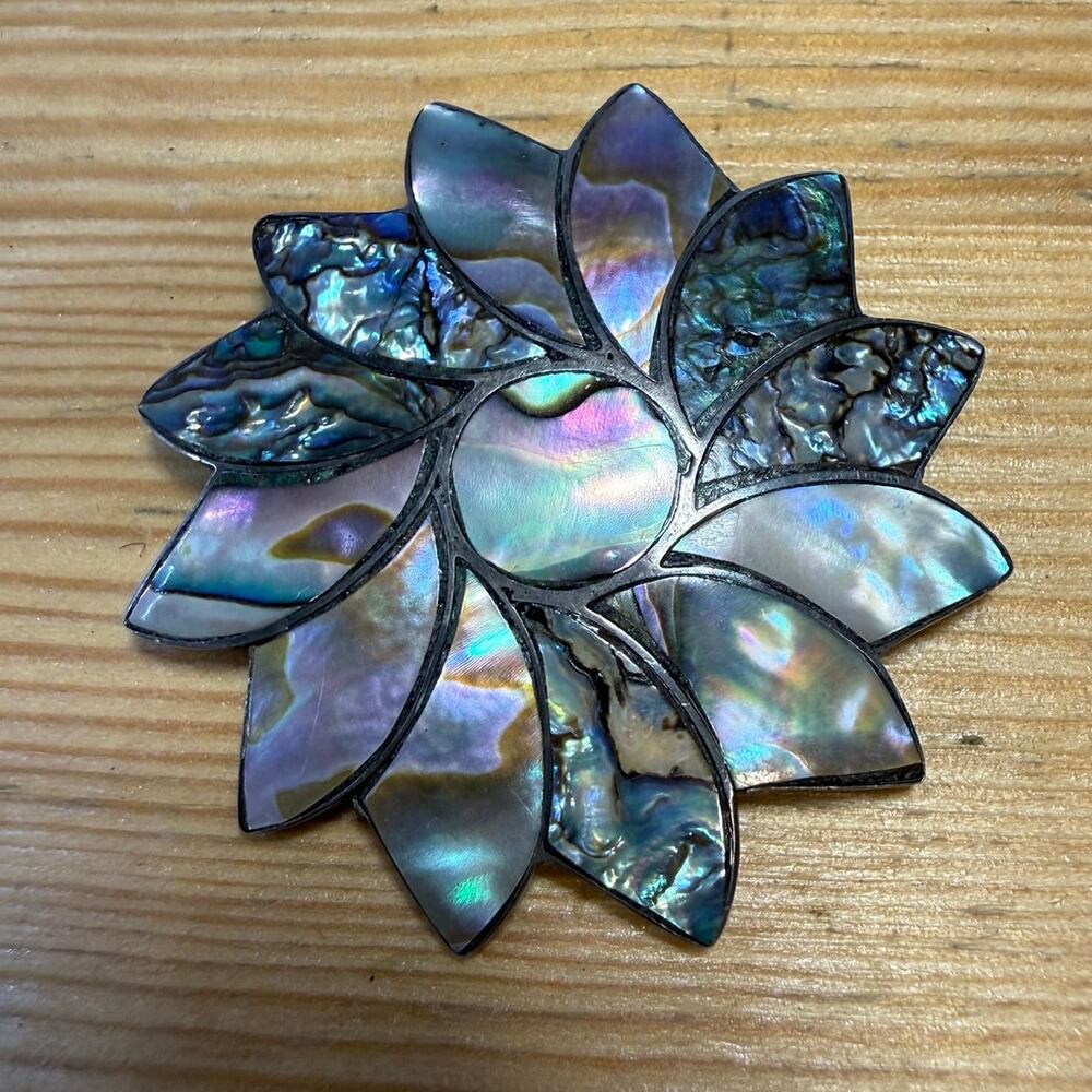 Vintage Mexico Sterling Silver Abalone Shell Inlay Flower Brooch Pin